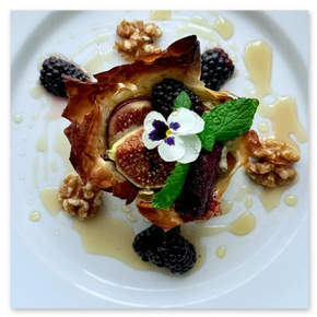 Beautiful dessert with Filo pastry, figs, summer fruits and Walnuts